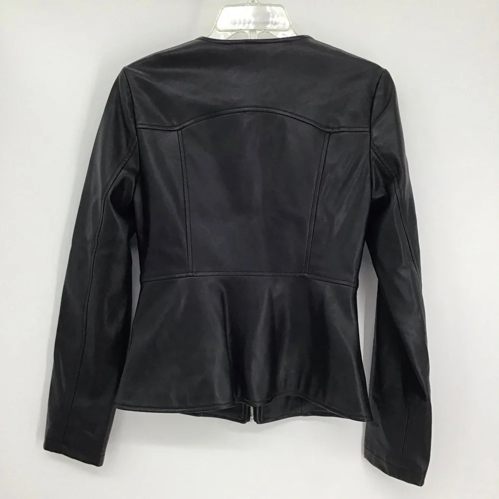 ZARA Faux Leather Moto Biker Collarless Jacket Edgy Career Black Size Small - Picture 4 of 10